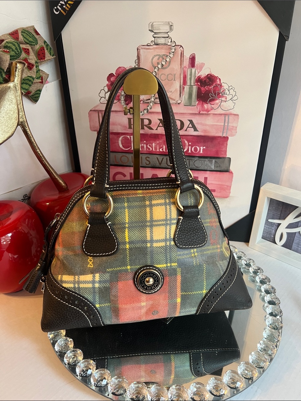Dooney & Bourke Multicolor leather Tartan Satchel with Dark Brown Trim handbag